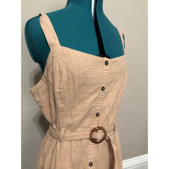 🧺All Worthy Tan Belted Midi Button Down Dress, size 14 - Picture 4 of 5